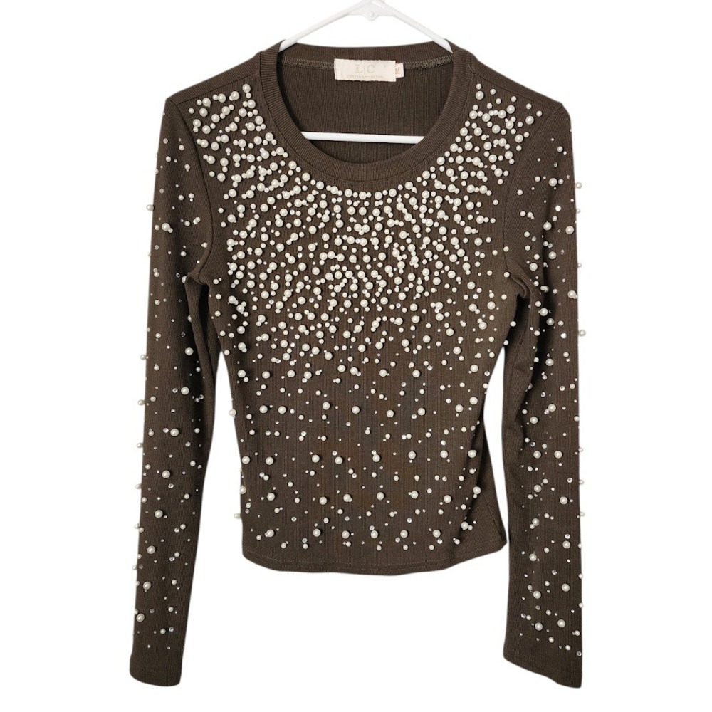 LIZETTE‎ COLLECTION Olive Green Pearl Embellished Ribbed Knit Sweater Top M